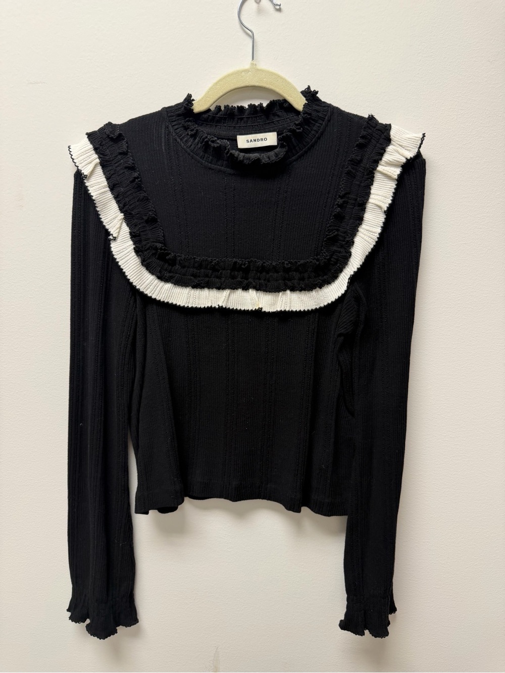 Sandro Black Long-Sleeve Top with Cream Ruffle Bib